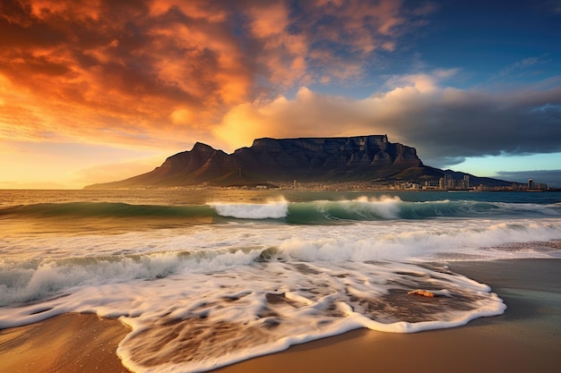 Hermosa puesta de sol sobre la Montaña de la Mesa en Ciudad del Cabo Sudáfrica Playa de la puesta de sol cerca de Ciudad del Cabo Vista de la Montaña de la Mesa Generada por IA