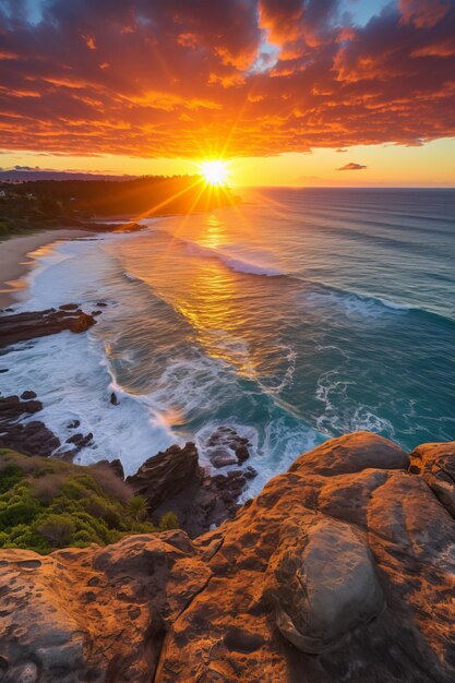 Una hermosa puesta de sol sobre el océano con grandes olas chocando contra una orilla rocosa