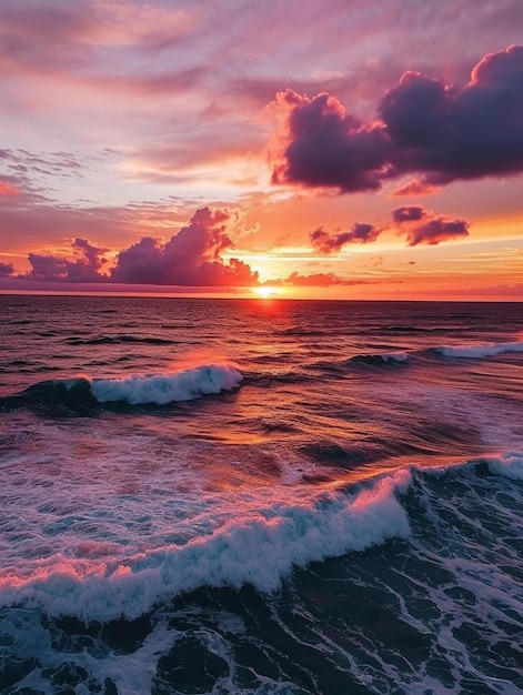 una hermosa puesta de sol sobre el océano con olas