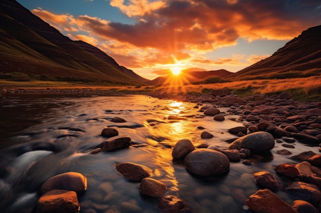 Hermosa puesta de sol sobre el río de montaña Islandia Europa Mundo de belleza Río claro con rocas conduce hacia montañas iluminadas por la puesta de sol AI generada