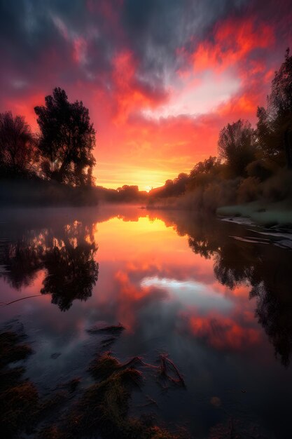 Una hermosa puesta de sol sobre un río con un reflejo de árboles y nubes.