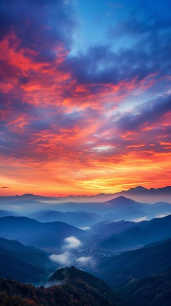 Una hermosa puesta de sol sobre un valle con montañas en el fondo