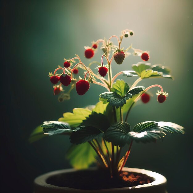 Hermosa rama de bayas arbusto de fresa japonesa con hojas naturales