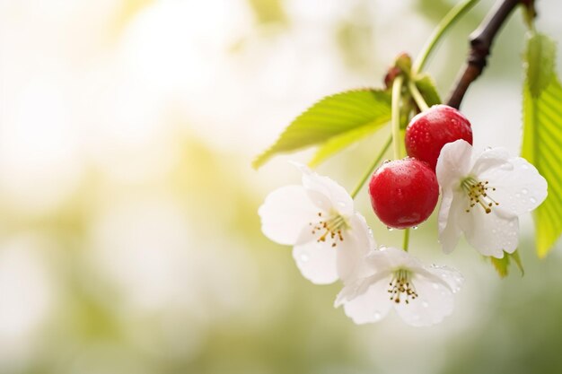 Foto hermosa rama de cereza con frutas con fondo desenfocado hecho con ia