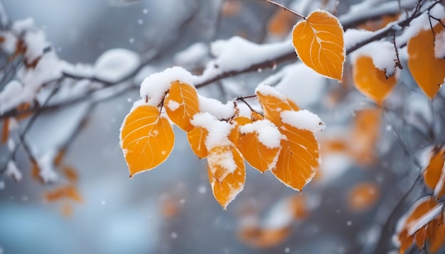 Hermosa rama con hojas naranjas y amarillas a finales de otoño o principios de invierno bajo la nieve