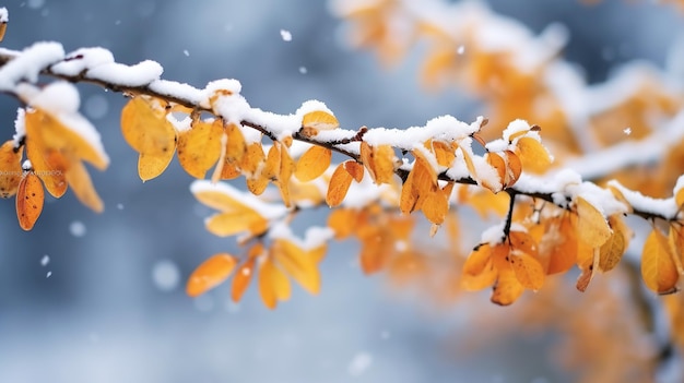 Hermosa rama con hojas naranjas y amarillas a finales de otoño o principios de invierno bajo la nieve