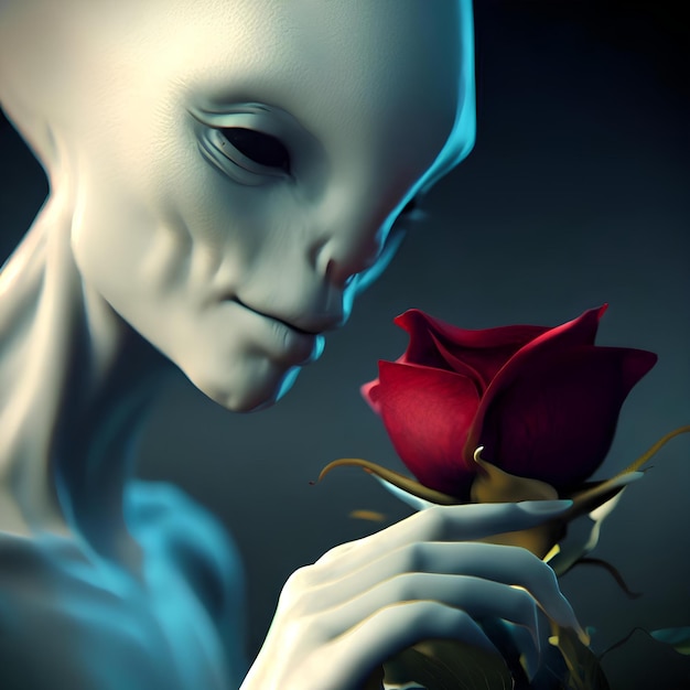 Hermosa raza alienígena contemplando la belleza de una rosa