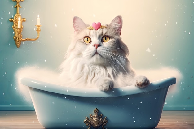 Hermosa raza de gata reina en un baño de lujo Concepto de aseo Espacio libre