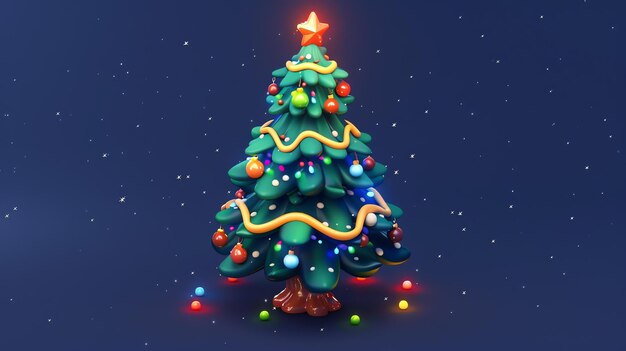 Una hermosa representación 3D de un árbol de Navidad El árbol está decorado con luces adornos y una estrella en la parte superior