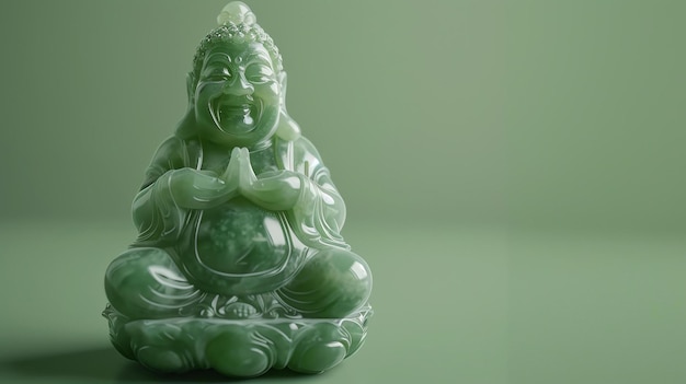 Foto una hermosa representación en 3d de una estatua de buda de jade verde la estatua está sentada en una posición de loto con sus manos en un mudra de meditación