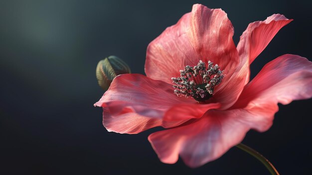 Una hermosa representación en 3D de una flor de amapola roja Los pétalos son delicados y los colores son vibrantes