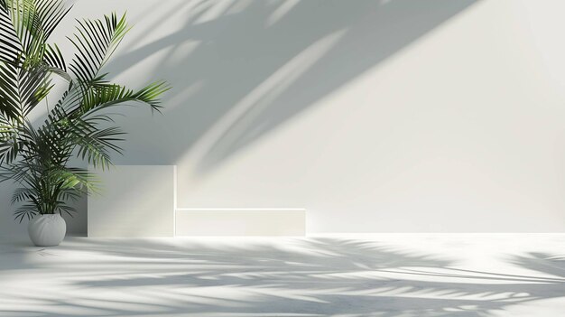 Una hermosa representación en 3D de una habitación blanca con una palmera en maceta en la esquina La habitación está iluminada por una suave luz natural