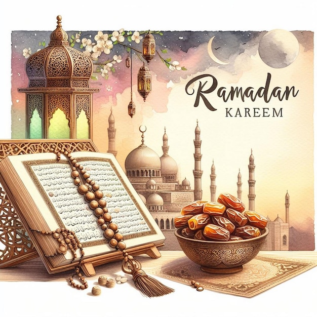 Una hermosa representación artística en acuarela asociada con el mes sagrado de Ramadán Kareem