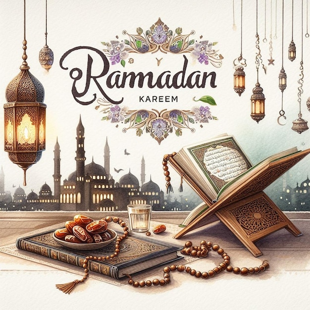 Una hermosa representación artística en acuarela asociada con el mes sagrado de Ramadán Kareem