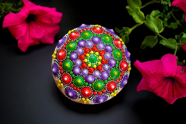 Hermosa roca mandala con flores.