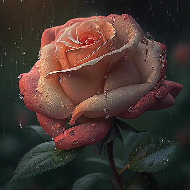 Hermosa rosa con agua de lluvia