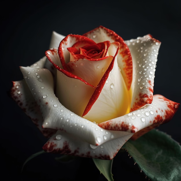 Foto hermosa rosa blanca con gotas de agua en fondo negro