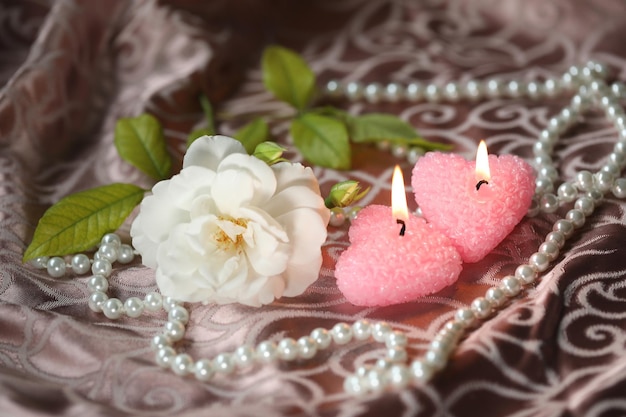 hermosa rosa blanca con velas. romántico. copie el espacio