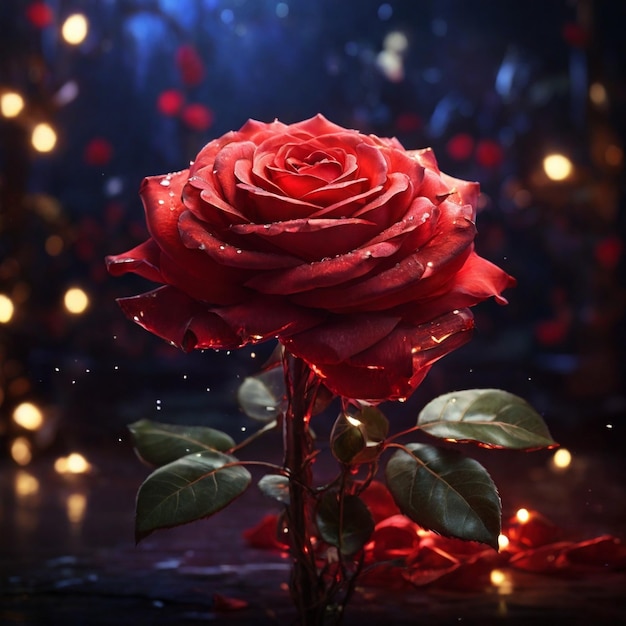 Una hermosa rosa mágica roja con luces mágicas en el fondo