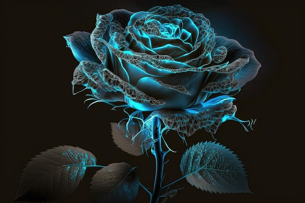 Una hermosa rosa de neón azul que brilla intensamente en la oscuridad Los intrincados pétalos están hechos de tubos de neón flexibles que se doblan y moldean para crear la delicada forma de una rosa IA generativa