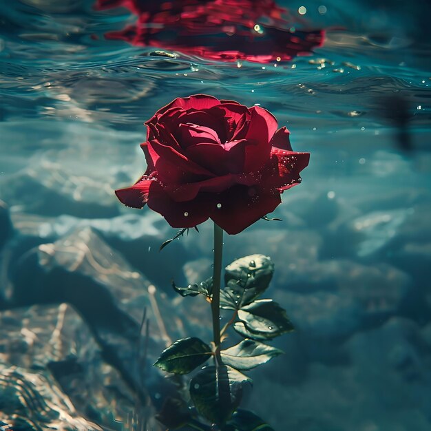 Una hermosa rosa roja bajo el agua