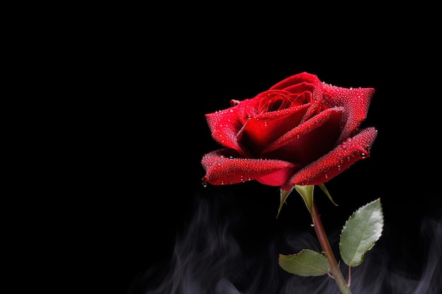 Hermosa rosa roja como símbolo de amor sobre fondo negro humo con espacio de copia