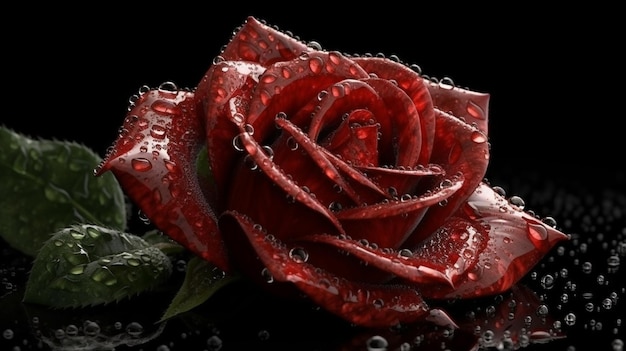 Hermosa rosa roja con gotas de agua sobre fondo negro closeupgenerative ai