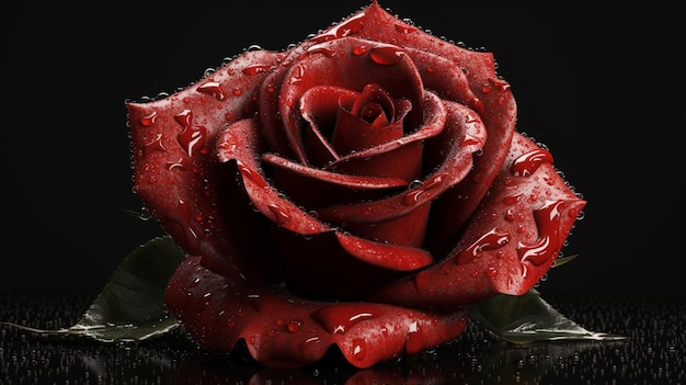 Hermosa rosa roja con gotas de agua sobre fondo negro closeupgenerative ai