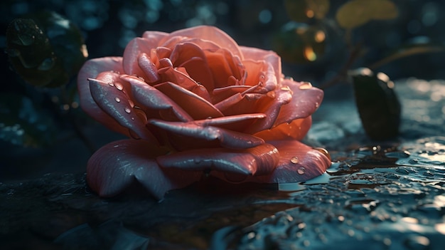 Hermosa rosa roja con gotas de agua sobre fondo oscuro generativo ai