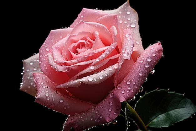 Hermosa rosa rosa sobre un fondo negro con gotas de agua una rosa rosa con gotas de agua en sus pétalos y un fondo oscuro AI generado