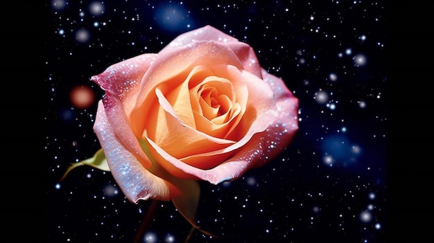 Hermosa rosa rosa sobre un fondo negro con muchas estrellas