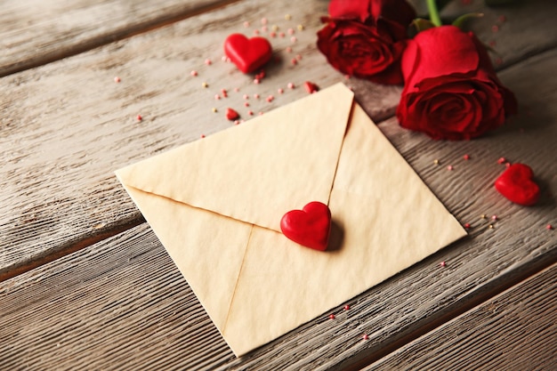 Hermosa rosa con tarjeta de regalo sobre fondo de madera