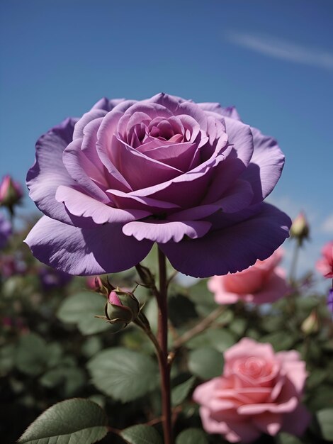 Una hermosa rosa violeta con hoja