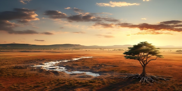 Foto hermosa sabana en el verano con un árbol al anochecer generativo ai