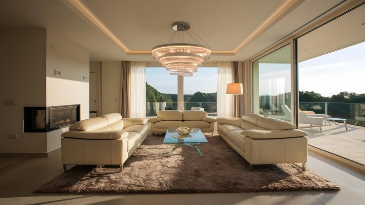 Una hermosa sala de estar amueblada en una nueva casa de lujo