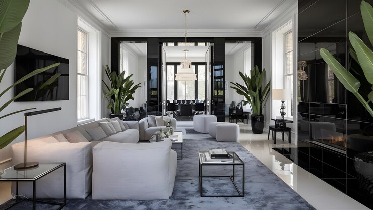 Una hermosa sala de estar amueblada en una nueva casa de lujo