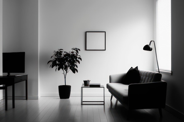 hermosa sala de estar en blanco y negro con muebles azules