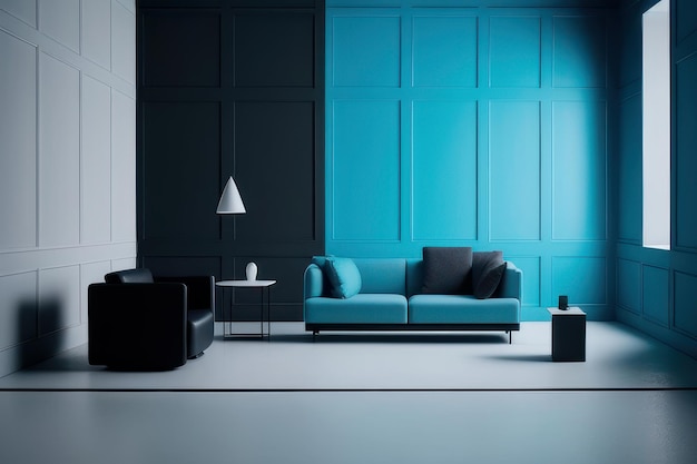hermosa sala de estar en blanco y negro con muebles azules