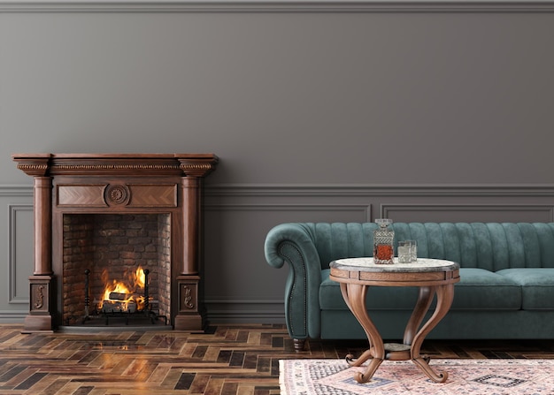 Hermosa sala de estar con chimenea Diseño de interiores de estilo clásico Fuego de leña ardiente Ambiente acogedor y relajado Sofá mesa piso de parquet chimenea Calefacción con madera Representación 3D