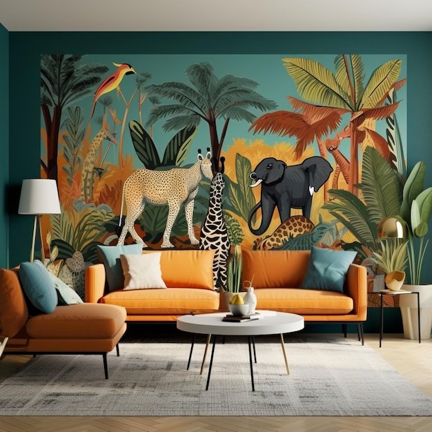 Hermosa sala de estar con mural de pared, fondos de pantalla de animales, arte generado por IA