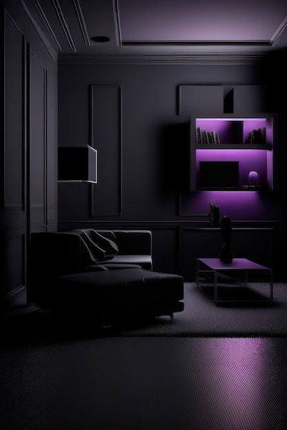 hermosa sala de estar en negro y morado con muebles lujosos