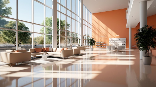 Una hermosa sala de oficinas moderna y espaciosa con ventanas panorámicas y una perspectiva