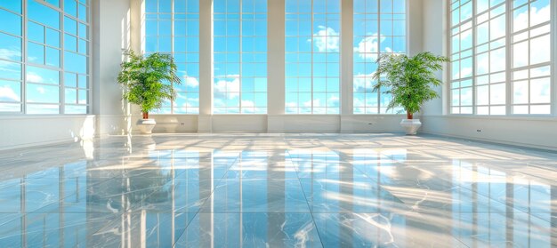 Foto una hermosa sala de oficinas moderna y espaciosa con ventanas panorámicas y una perspectiva