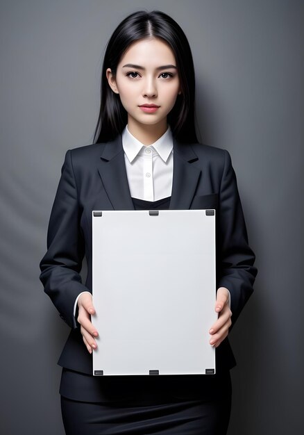 Foto hermosa secretaria sosteniendo una hoja de papel en blanco en el fondo oscuro