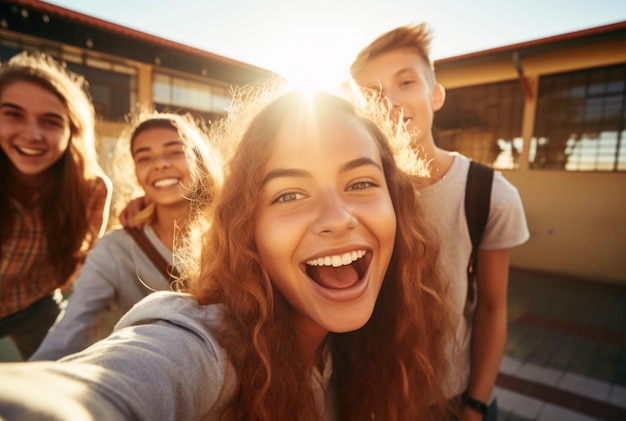 Foto una hermosa selfie de una adolescente riendo con sus amigas al sol foto de alta calidad