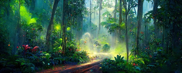 Una hermosa selva tropical de cuento de hadas en una mañana de verano con rayos de sol Ilustración de fondo de pintura digital