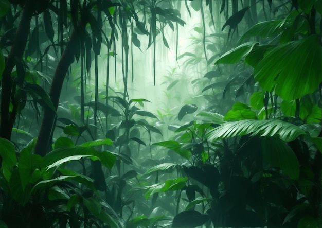 Hermosa selva tropical con niebla y luz Fondo de naturaleza