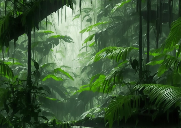 Hermosa selva tropical con niebla y luz Fondo de naturaleza
