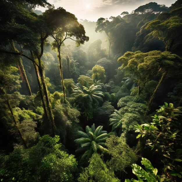 Foto hermosa y serena selva amazónica luz solar y niebla
