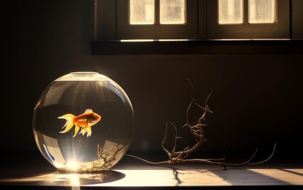 Hermosa simplicidad Goldfish en un acuario de bolas con sombra